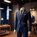 Tailored men\'s suits modeled on mannequin in tailor shop atelier