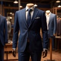 Tailored men\'s suits modeled on mannequin in tailor shop atelier