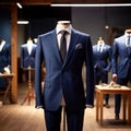 Tailored men\'s suits modeled on mannequin in tailor shop atelier