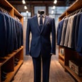 Tailored men\'s suits modeled on mannequin in tailor shop atelier