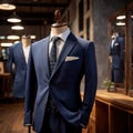 Tailored men\'s suits modeled on mannequin in tailor shop atelier