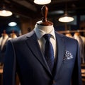 Tailored men\'s suits modeled on mannequin in tailor shop atelier