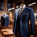 Tailored men\'s suits modeled on mannequin in tailor shop atelier