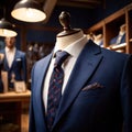 Tailored men\'s suits modeled on mannequin in tailor shop atelier