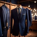 Tailored men\'s suits modeled on mannequin in tailor shop atelier