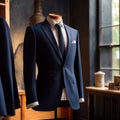 Tailored men\'s suits modeled on mannequin in tailor shop atelier