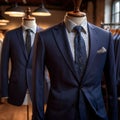 Tailored men\'s suits modeled on mannequin in tailor shop atelier