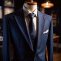 Tailored men\'s suits modeled on mannequin in tailor shop atelier