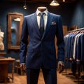 Tailored men\'s suits modeled on mannequin in tailor shop atelier