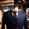 Tailored men\'s suits modeled on mannequin in tailor shop atelier