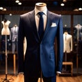 Tailored men\'s suits modeled on mannequin in tailor shop atelier