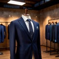 Tailored men\'s suits modeled on mannequin in tailor shop atelier