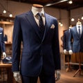 Tailored men\'s suits modeled on mannequin in tailor shop atelier