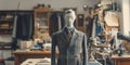 Tailored suit on mannequin in bespoke tailoring workshop with sewing tools and fabrics Royalty Free Stock Photo