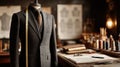 Tailored Suit on Mannequin in Tailoring Studio with Measuring Tape Royalty Free Stock Photo