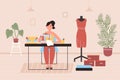 Tailoring crafting hobby at home flat vector illustration, cartoon happy young woman tailor character working on sewing