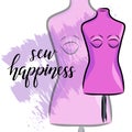 Tailoring emblem with mannequin or dummy and banner with lettering sew happiness. Fashion and tailoring logo design. Vector