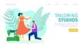 Tailoring studios concept, template banner, vector illustration. Tailor fix costumer woman character dress at atelier