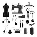 Tailoring tools - set in black and white. Mannequin, needles and thread, sewing machine, thimble and pins.