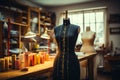 A tailors dummy adorned with measuring tapes in a bustling fashion studio