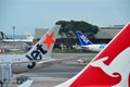 Tails of Jetstar International, Qantas and ANA Cargo aircraft at Changi Airport