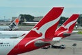 Tails of Singapore Airlines, Jetstar International and Qantas aircraft at Changi Airport