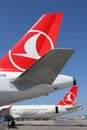 Tails of Turkish Airlines airplanes at Istanbul AtatÃÂ¼rk Airport Royalty Free Stock Photo