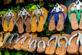 Tainan, Taiwan, October 12, 2019 Traditional Taiwanese wooden high-soled shoes are sold at the street market