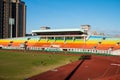Taipei City,Taiwan-January 2018: Rainbow color multi-purpose stadium with running track and grass field. Colorful stadium with