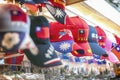 TAIPEI, TAIWAN - JANUARY 10, 2020: Taiwan Flag Hat for Sale in Souvenir Store