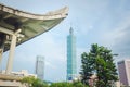 Statue of Sun Yat-sen at the National Sun Yat-sen Memorial Hall, with view of Taipei 101 building in background Royalty Free Stock Photo