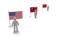 Taiwan, America and China. flags and people. Relationship between the three countries
