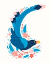 Taiwan blue magpie. Urocissa caerulea. Exotic birds of Taiwan and of Asia. Cute blue bird in hand drawn vector. Cute