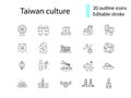 Taiwan culture outline icons set. Oriental specialty. Editable stroke. Isolated vector stock illustration