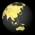 Taiwan on dark globe with yellow world map.