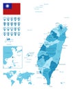 Taiwan detailed administrative blue map with country flag and location on the world map.