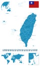 Taiwan - detailed blue country map with cities, regions, location on world map and globe. Infographic icons