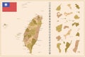 Taiwan - detailed map of the country in brown colors, divided into regions