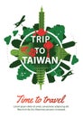 Taiwan famous landmark silhouette style around text,green and red color design,travel and tourism