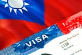 Taiwan immigration visa. Closeup Visa to Taiwan focusing on word VISA, 3D rendering. Travel or migration to Taiwan destination Royalty Free Stock Photo