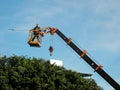 Taiwan, Kaohsiung - September 1, 2019: Workers use cranes to remove excess branches from the top of the tree.