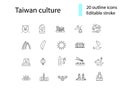 Taiwan outline icons set. Oriental specialty. Editable stroke. Isolated vector stock illustration