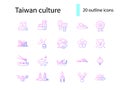Taiwan outline icons set. Oriental specialty. Purple gradient symbol. Isolated vector illustration
