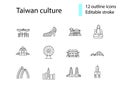 Taiwan outline icons set. Taiwanes famous buildings. Editable stroke. Isolated vector stock illustration