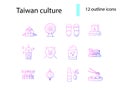 Taiwan outline icons set. Taiwanese famous items. Ferris wheel, bubble tea. Formosan bear. Isolated vector illustration