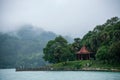 Taiwan's Sun Moon Lake in Nantou County, Lake View Pavilion, Chiang Kai-shek reportedly often in this front view of the lake