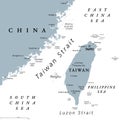 Taiwan Strait, separating Taiwan and continental Asia, gray political map