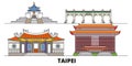 Taiwan, Taipei flat landmarks vector illustration. Taiwan, Taipei line city with famous travel sights, skyline, design.