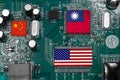 Taiwan US and China flag on digital electronics chips for chip war global world leading chip factory competition concept