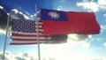 Taiwan and USA flag on flagpole. Taiwan and United States waving flag in wind. Taiwan and United States diplomatic concept. 3d